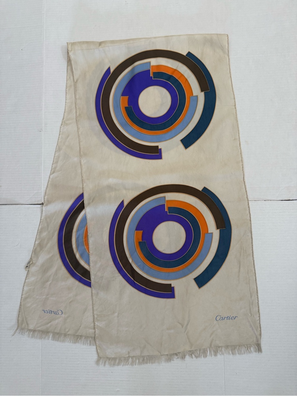 Cartier Silk Printed Scarf: Abstract Geometric Pattern Vintage Made in France